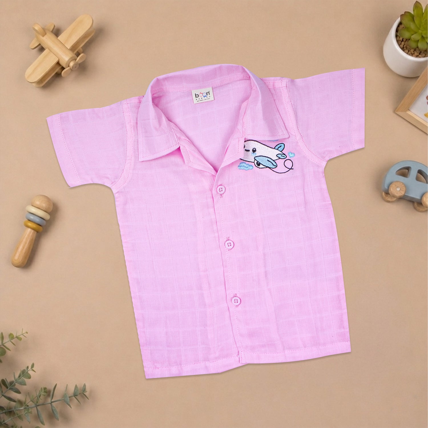 Boys Muslin Open Collar Embroidered Casual Shirt | Airplane