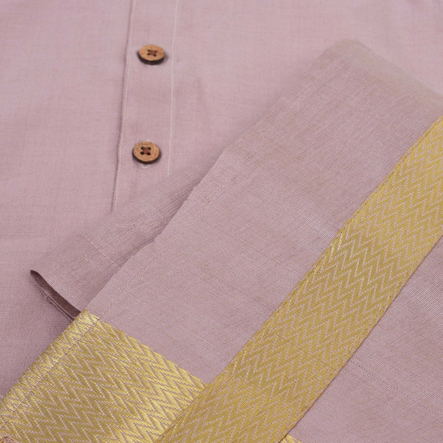 Purple silk shirt & dhoti with golden zari border for boys aged 6M–5Y. Perfect traditional wear for Onam & special occasions.