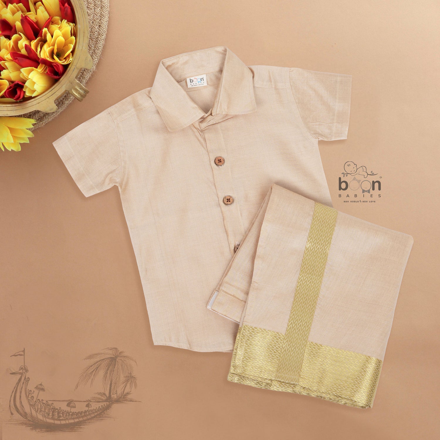 Beige-gold silk shirt & dhoti with golden zari border for boys aged 6M–5Y. Traditional festive wear for Onam, weddings & celebrations.