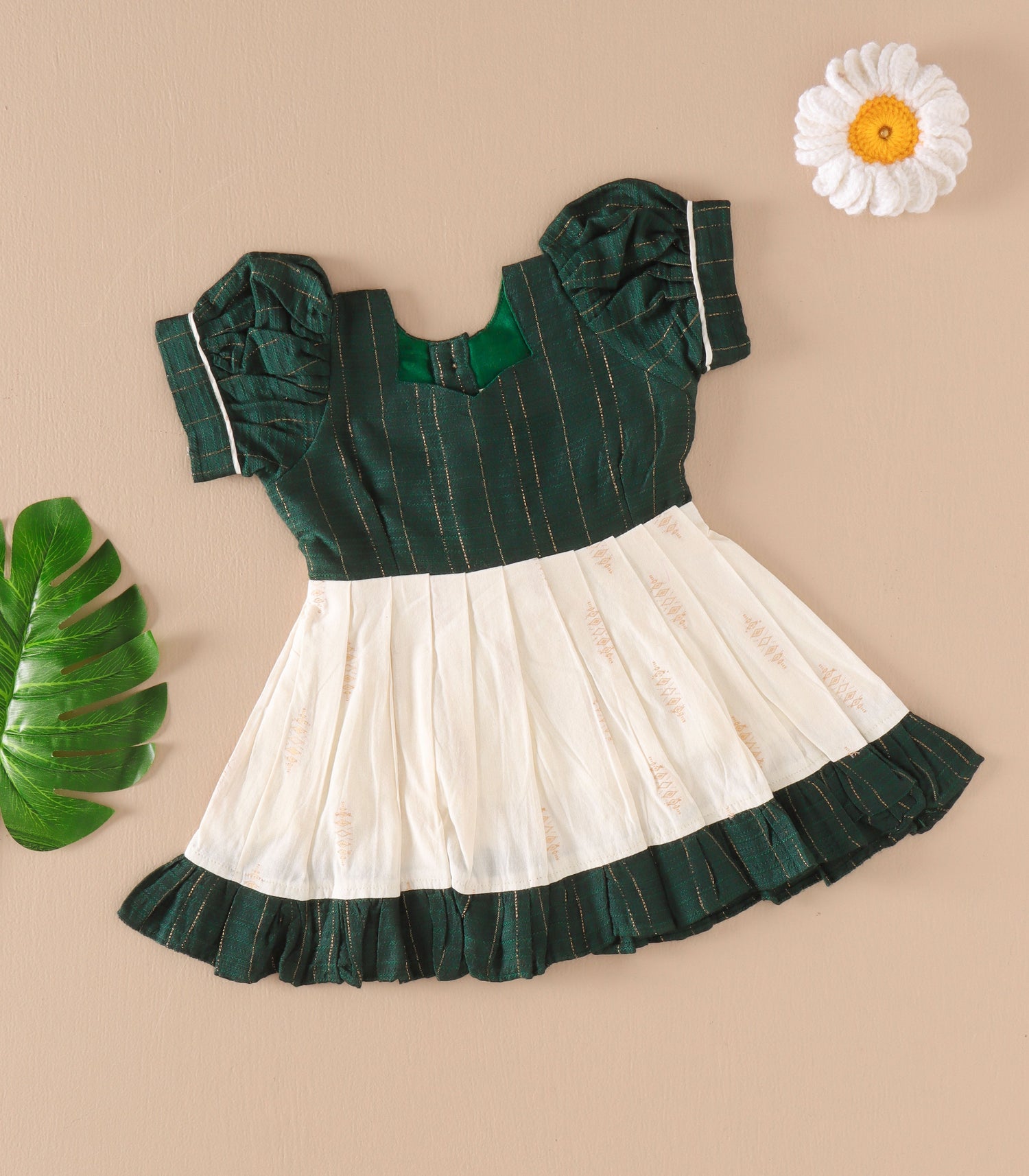 Dark Green & Cream Silk Puff Frock with Ruffled Hem & Golden Zari Stripes