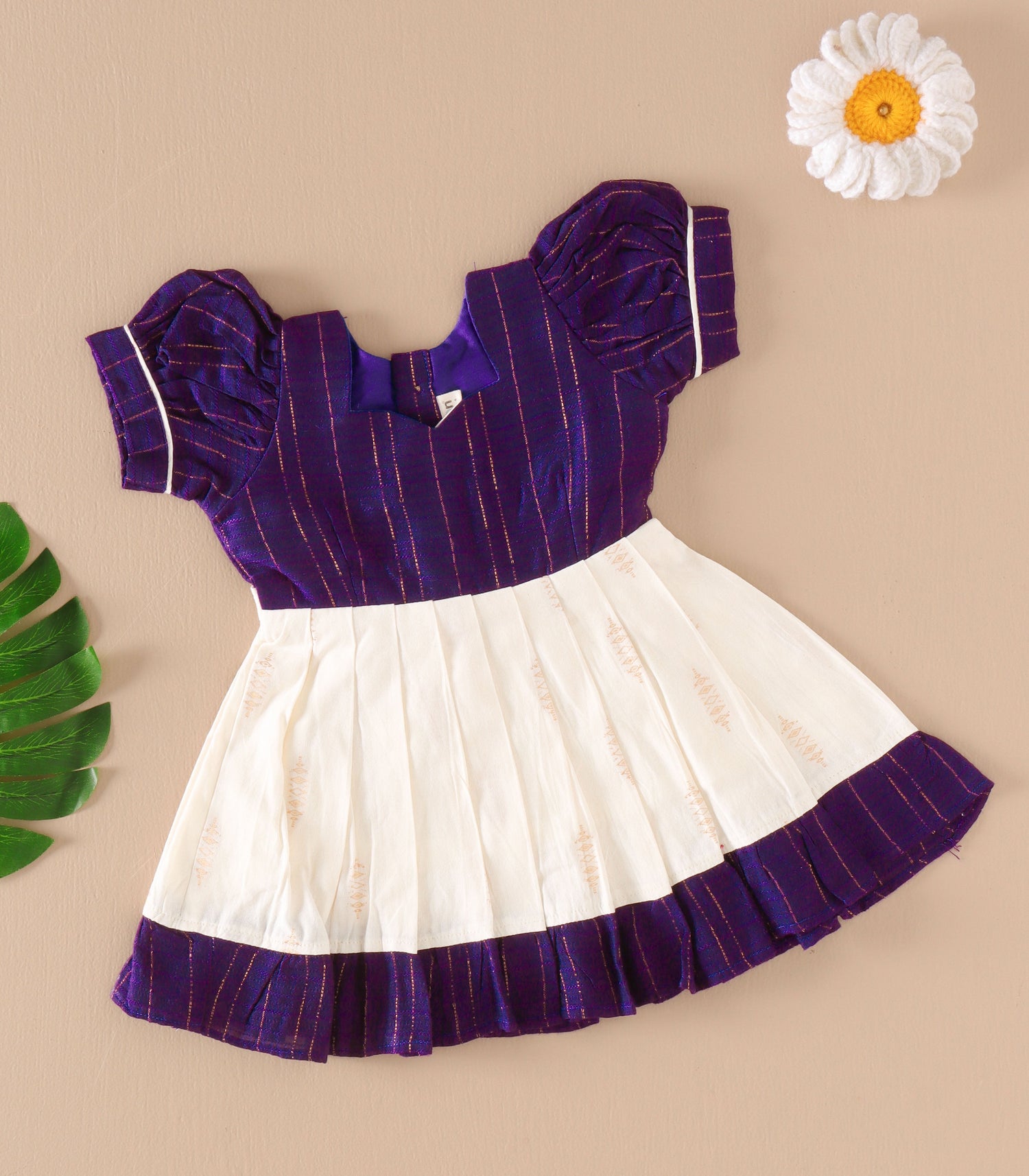 Purple & Cream Silk Puff Frock with Golden Zari Stripes