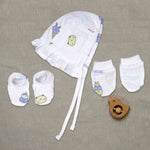 Boonbabies printed muslin baby knot cap, mittens, and booties set for 6-24 months, soft newborn accessories combo.