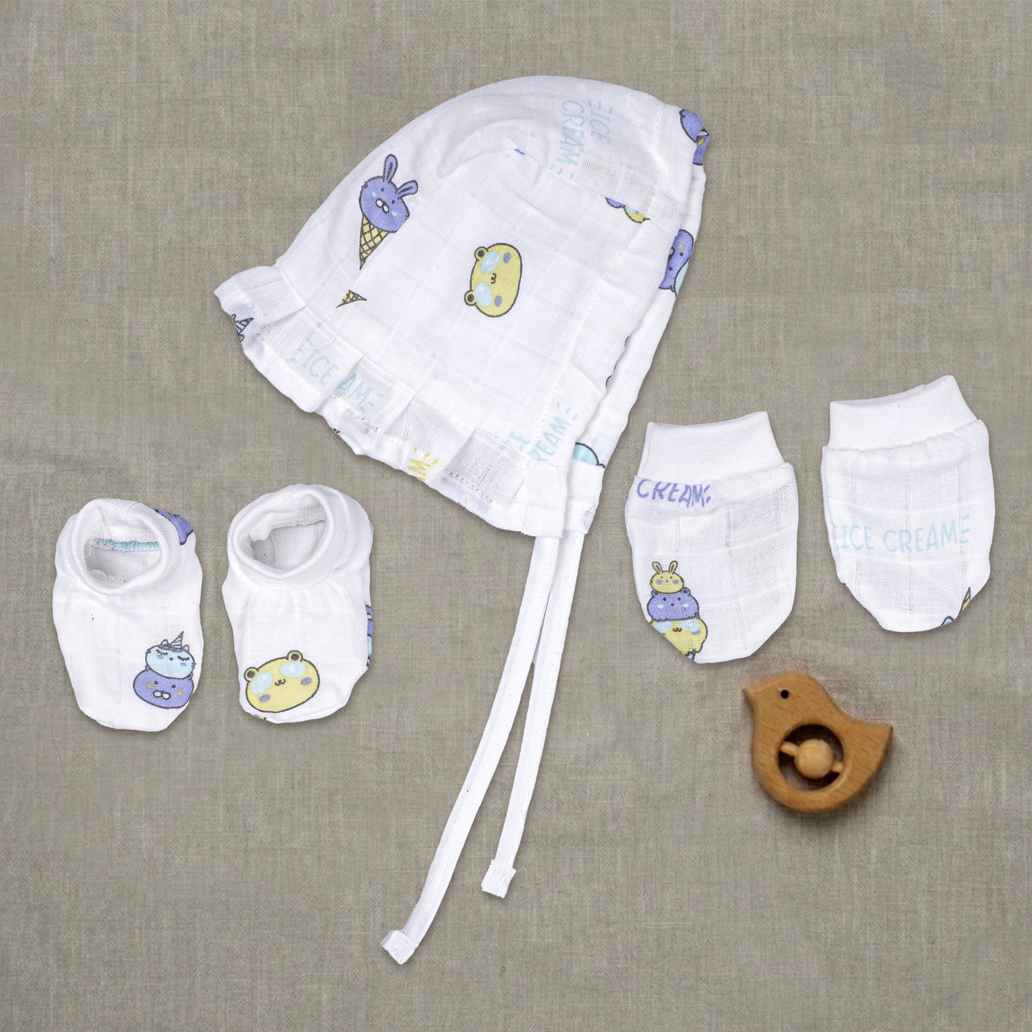 Boonbabies printed muslin baby knot cap, mittens, and booties set for 6-24 months, soft newborn accessories combo.