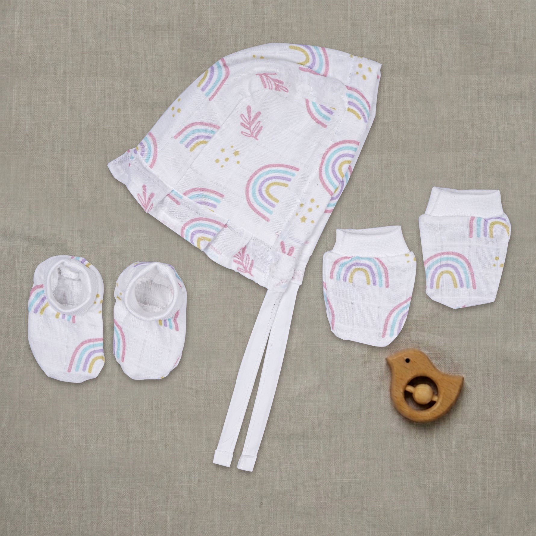 Boonbabies printed muslin baby knot cap, mittens, and booties set for 6-24 months, soft newborn accessories combo.