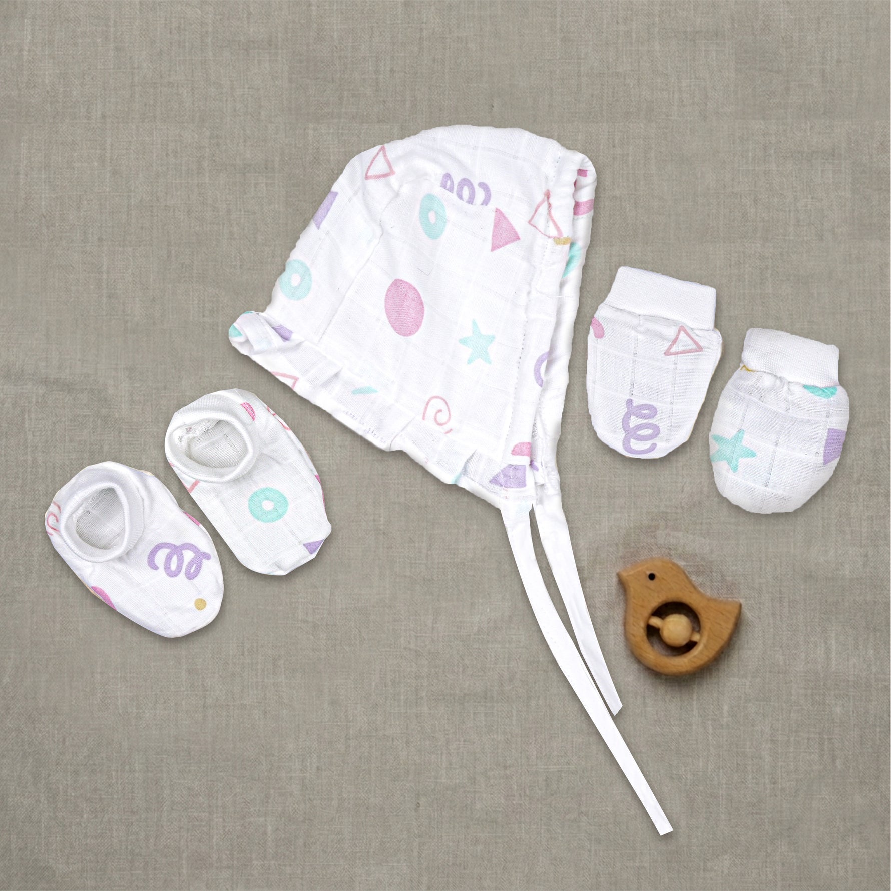 Boonbabies printed muslin baby knot cap, mittens, and booties set for 6-24 months, soft newborn accessories combo.