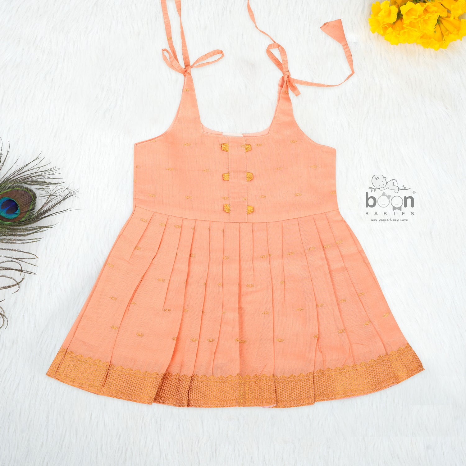 Onam Silk Knot Frock with Golden Zari Border – Baby Girls