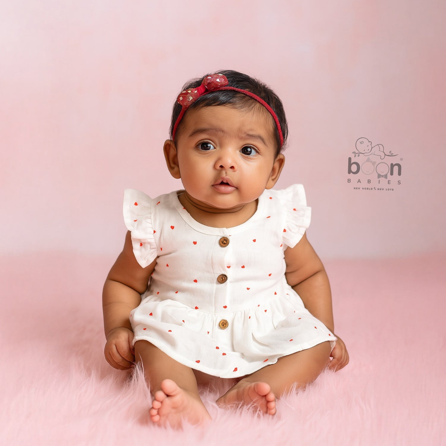 Sweet and soft muslin baby frock with red heart prints. Ages 3–18 months. Designed for comfort, perfect for everyday cuteness.