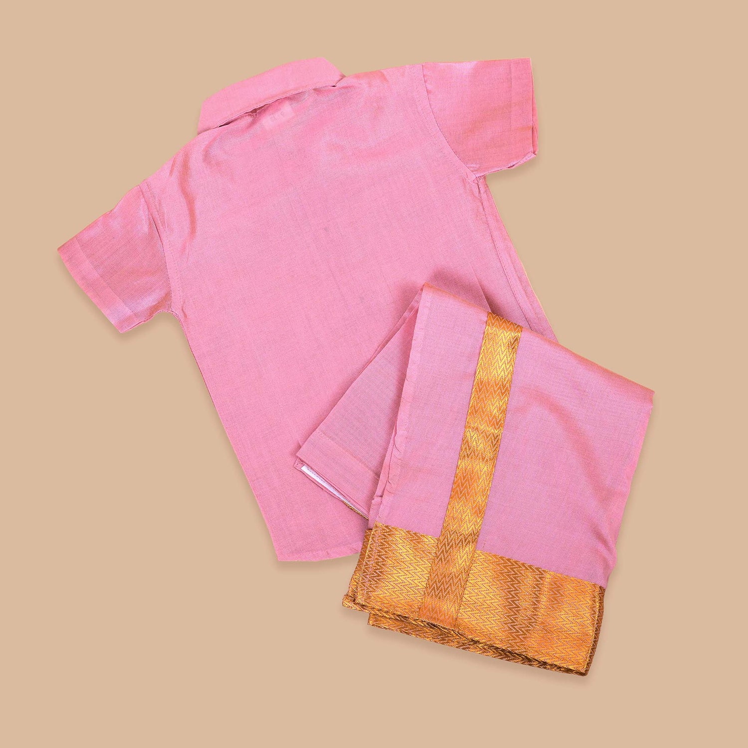 Festive Pink Silk Shirt and Golden Border Pattu Dhoti Set for Boys