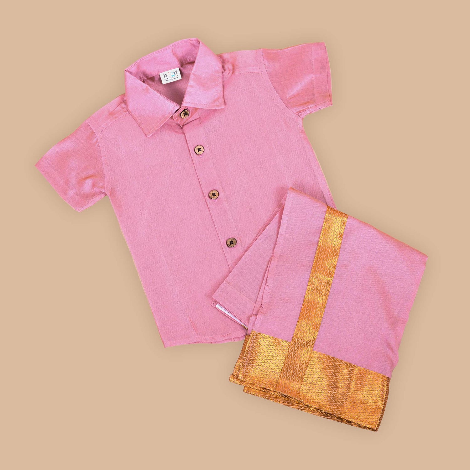 Festive Pink Silk Shirt and Golden Border Pattu Dhoti Set for Boys