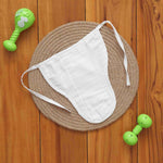 White muslin baby nappy with bunny print. For 0–3 months. Soft, reusable, and skin-friendly with easy tie closure.