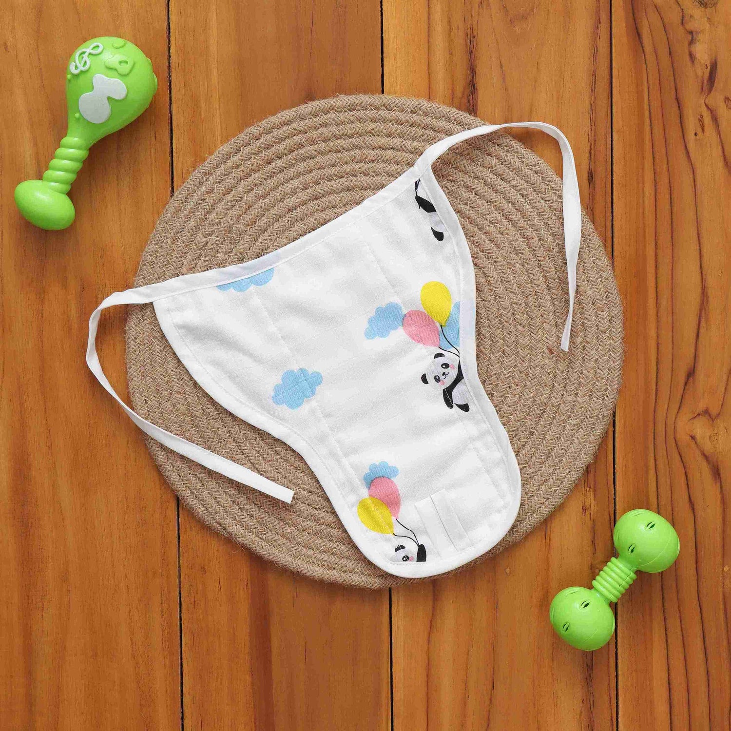 Soft muslin baby nappy with cute forest animal print. Size 0–3 months. Reusable, breathable, and tie-up style for a gentle fit.