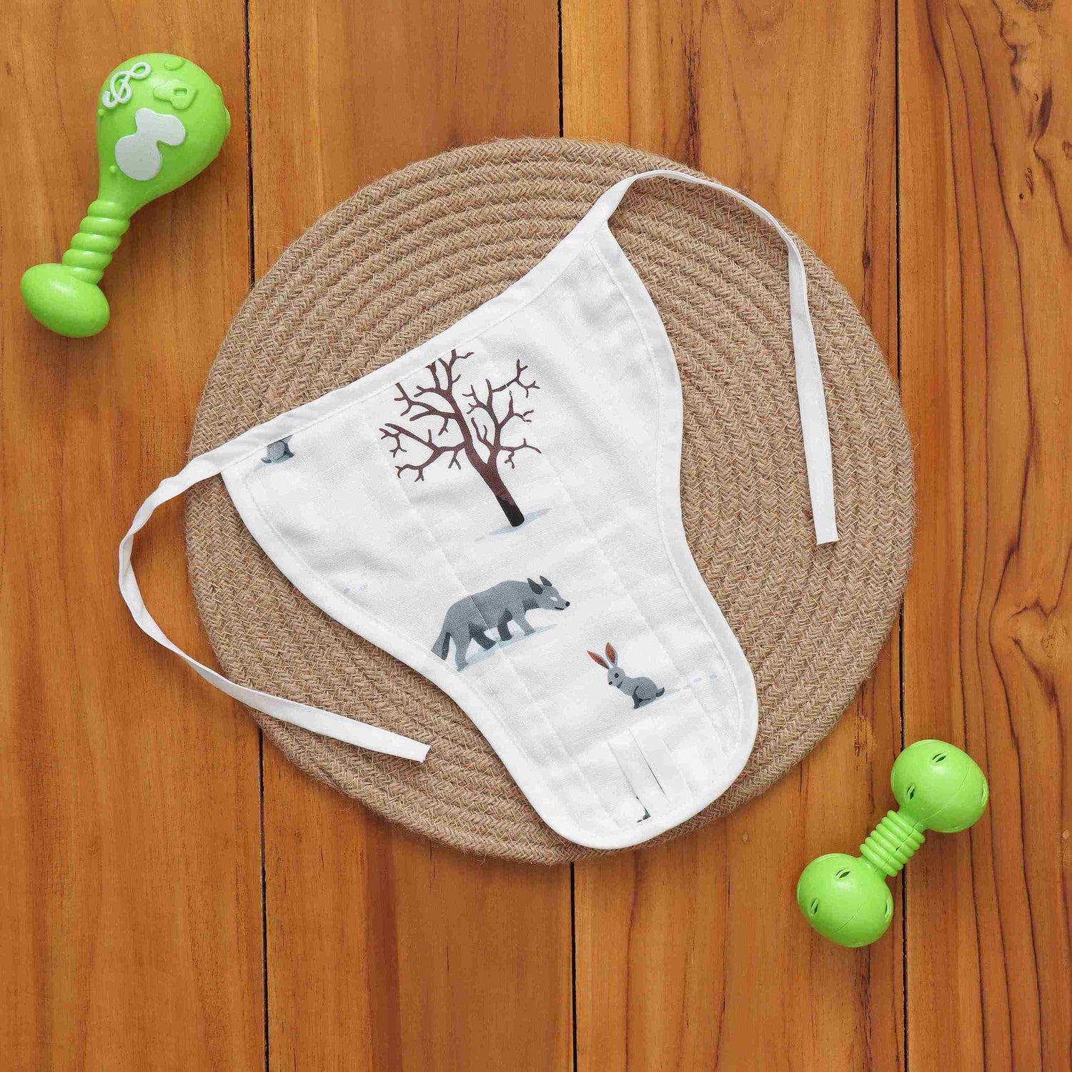 Soft muslin baby nappy with cute forest animal print. Size 0–3 months. Reusable, breathable, and tie-up style for a gentle fit.
