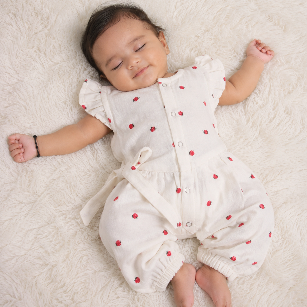 Baby girl baby romper with printed muslin fabric and frill sleeves from Booon Babies, shown on a neutral background.