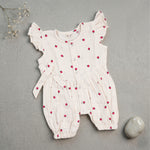 Baby girl baby romper with printed muslin fabric and frill sleeves by Booon Babies, featuring adorable design and soft material.