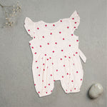 Baby girl romper with printed muslin fabric and frill sleeves, stylish and comfortable for warm weather by Boon Babies.