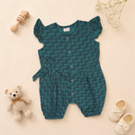 Baby girls green muslin printed romper by Booon Babies with frill sleeves, featuring soft, breathable fabric and cute design.