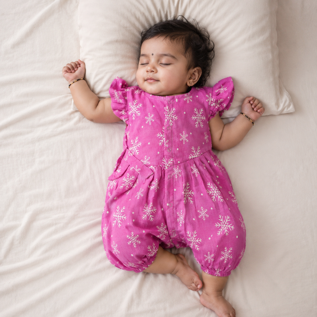 Baby girls' pink muslin printed romper with frill sleeves, stylish and comfortable baby romper by Booon Babies.