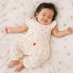 Baby girl romper by Booon Babies featuring printed muslin fabric and frill sleeves, perfect for comfortable and stylish wear.