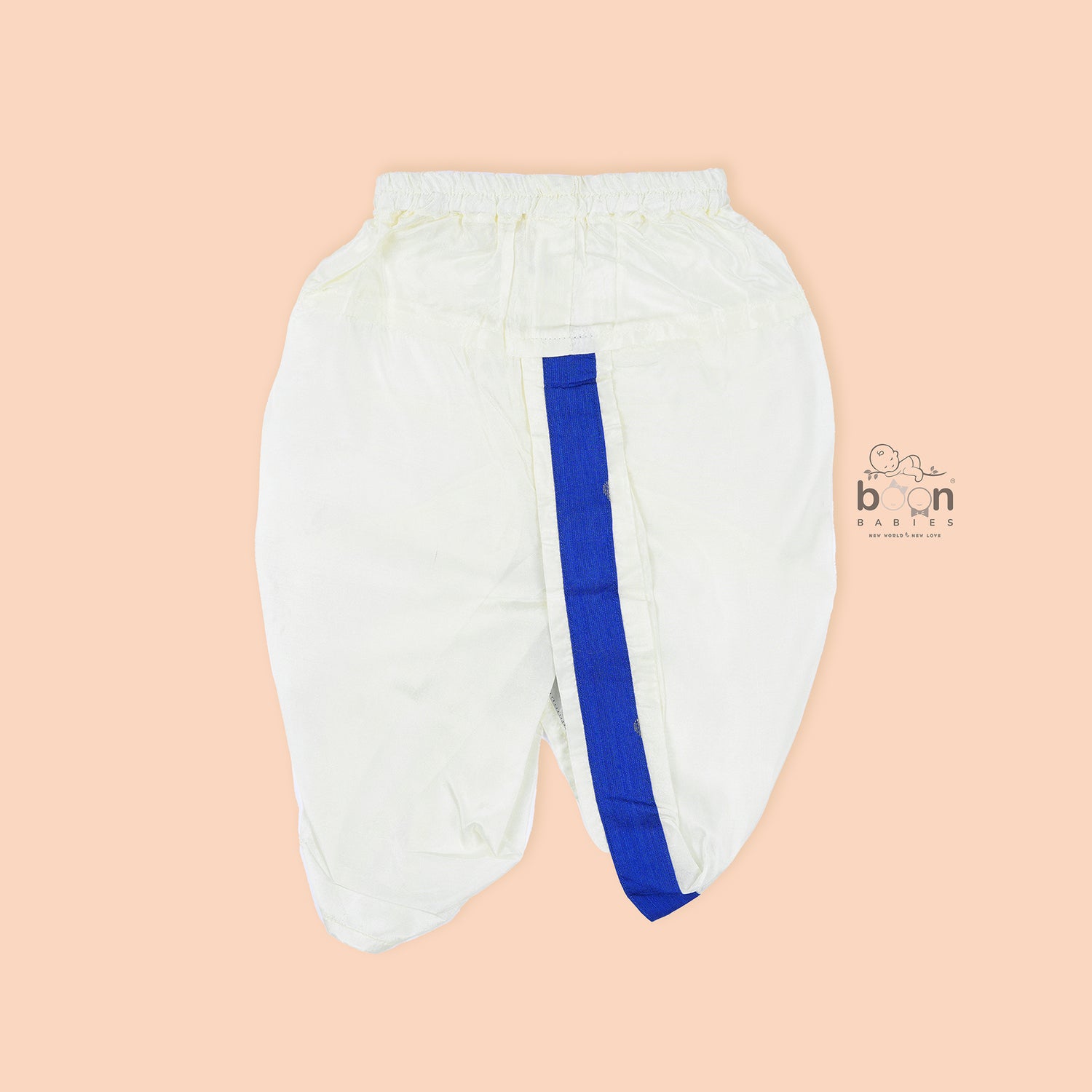 Festive silk Panjagajam set in royal blue and white for baby boys. Comfortable and traditional – ideal for 6M–3Y.