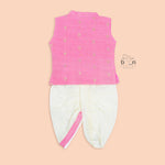 Soft pink silk Panjagajam set with white dhoti. Designed for baby boys aged 6M–3Y. Perfect for festive occasions and ceremonies.