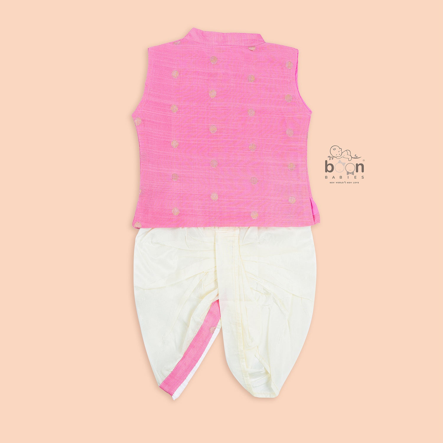 Soft pink silk Panjagajam set with white dhoti. Designed for baby boys aged 6M–3Y. Perfect for festive occasions and ceremonies.