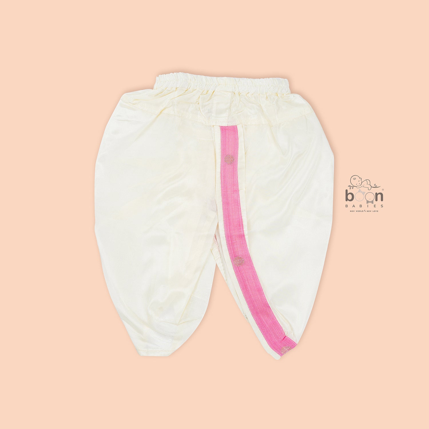 Soft pink silk Panjagajam set with white dhoti. Designed for baby boys aged 6M–3Y. Perfect for festive occasions and ceremonies.