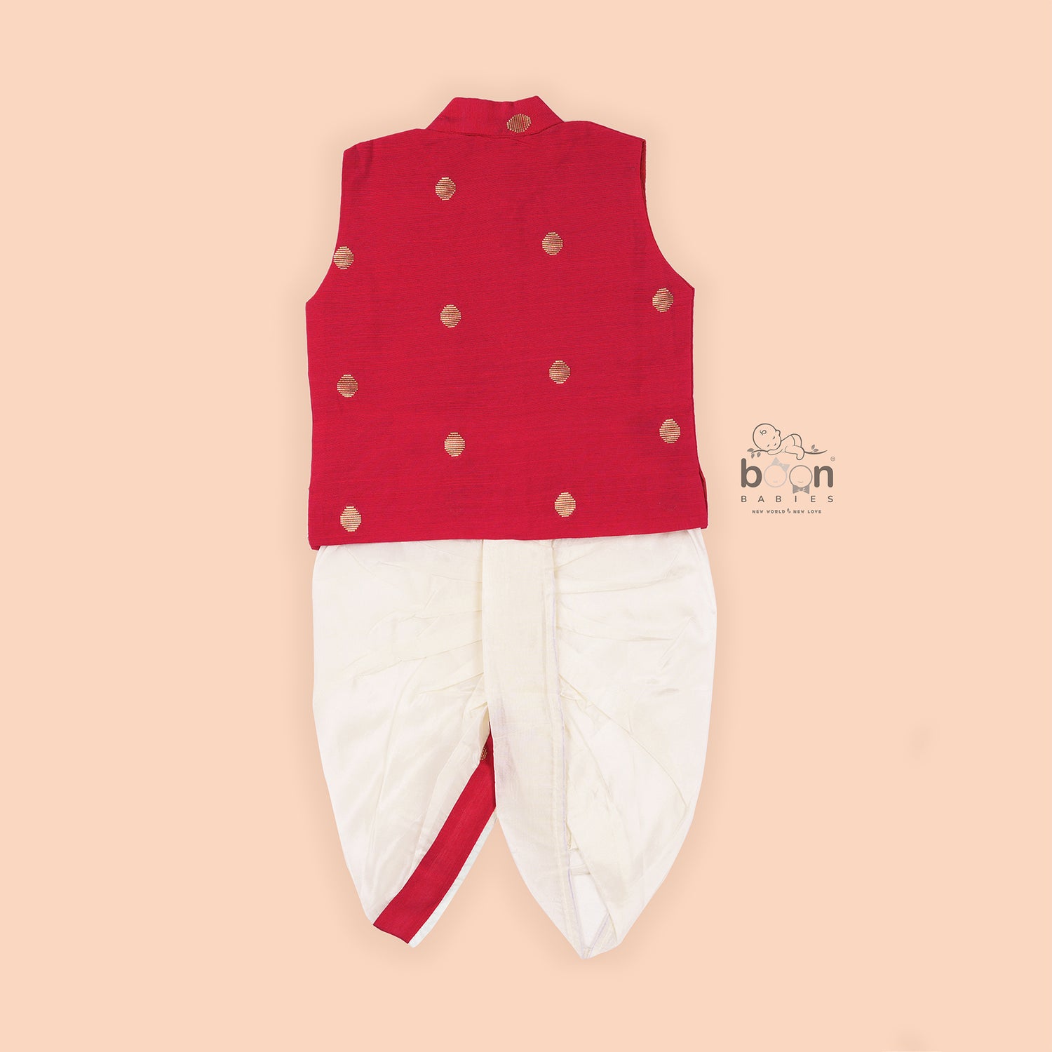 Traditional red silk panjagajam set with a stylish butta jacket – perfect for boys aged 6M to 3Y. A festive must-have from Boon Babies.