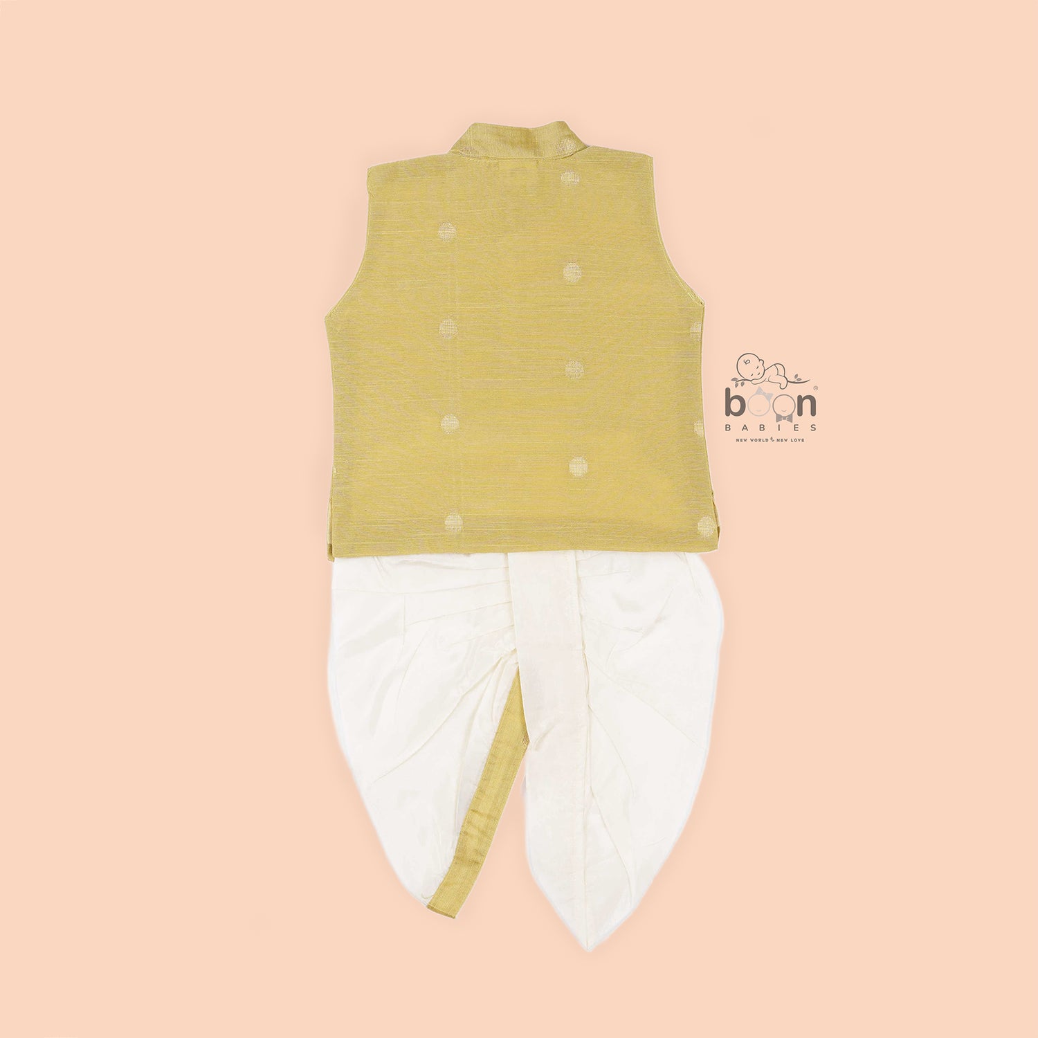 Elegant olive green silk panjagajam set for boys aged 6M–3Y – festive and soft for all-day celebration comfort.