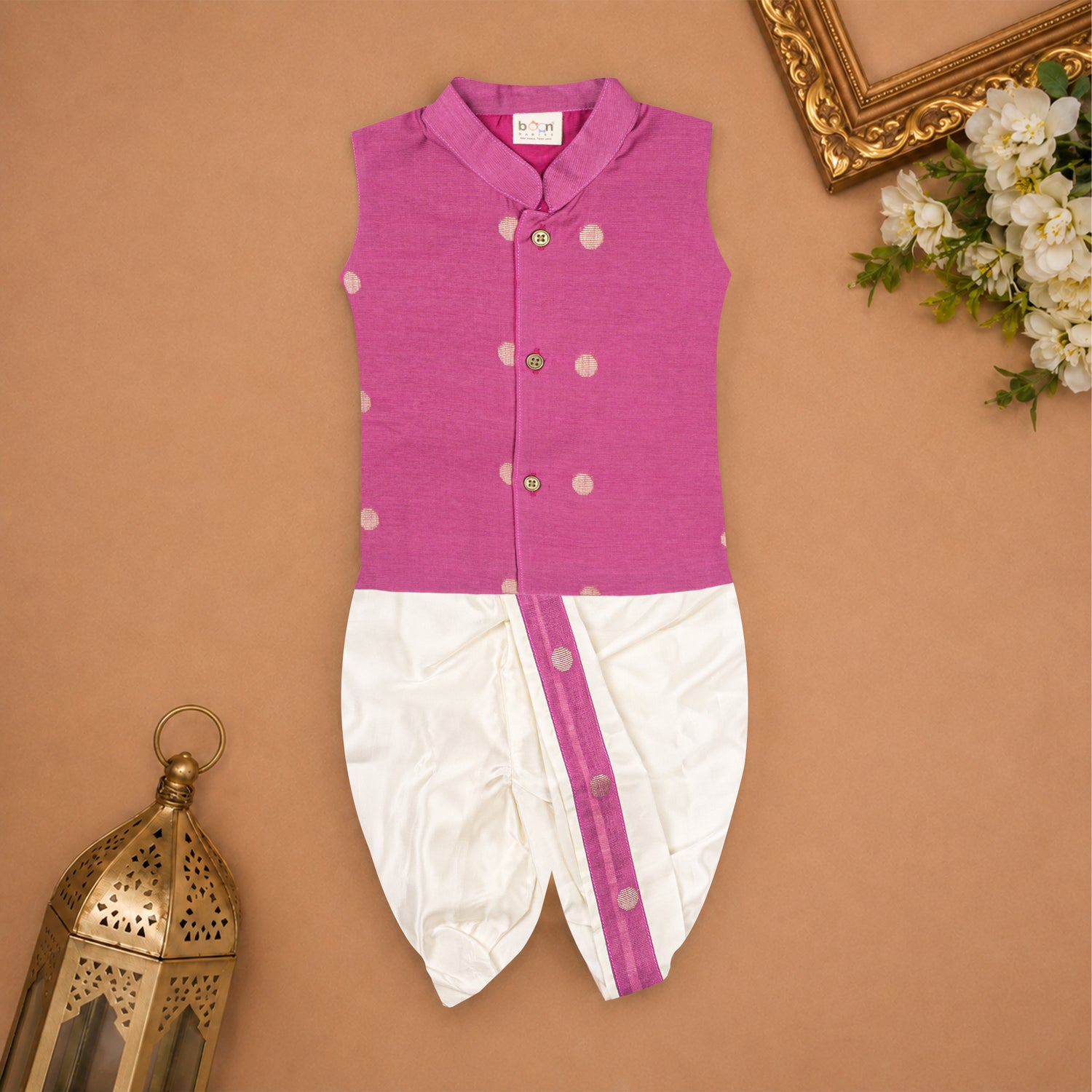 Boys Baby Pink Silk Panchagajam Set with Butta Print | Mandarin Collar Ethnic Wear