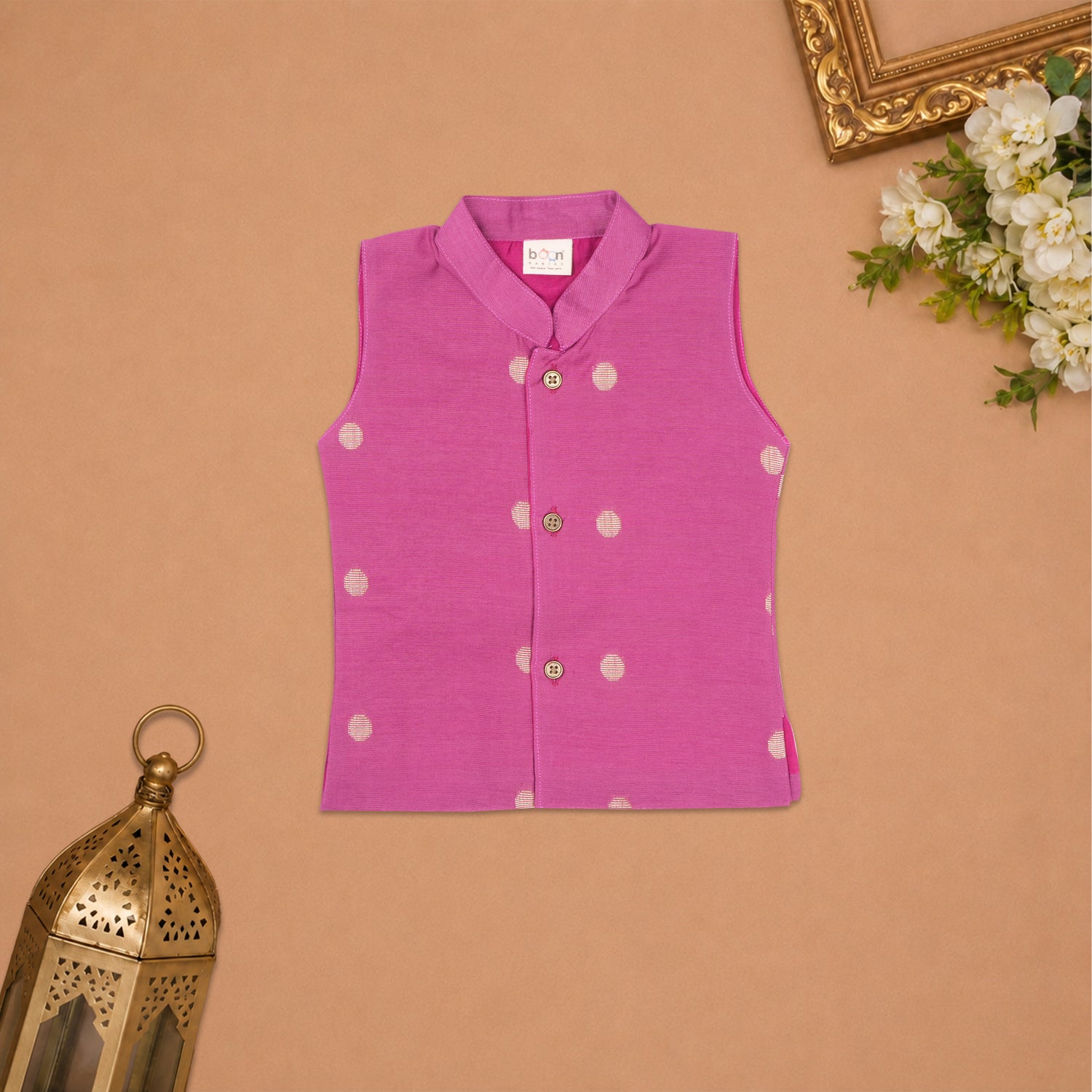 Boys Baby Pink Silk Panchagajam Set with Butta Print | Mandarin Collar Ethnic Wear