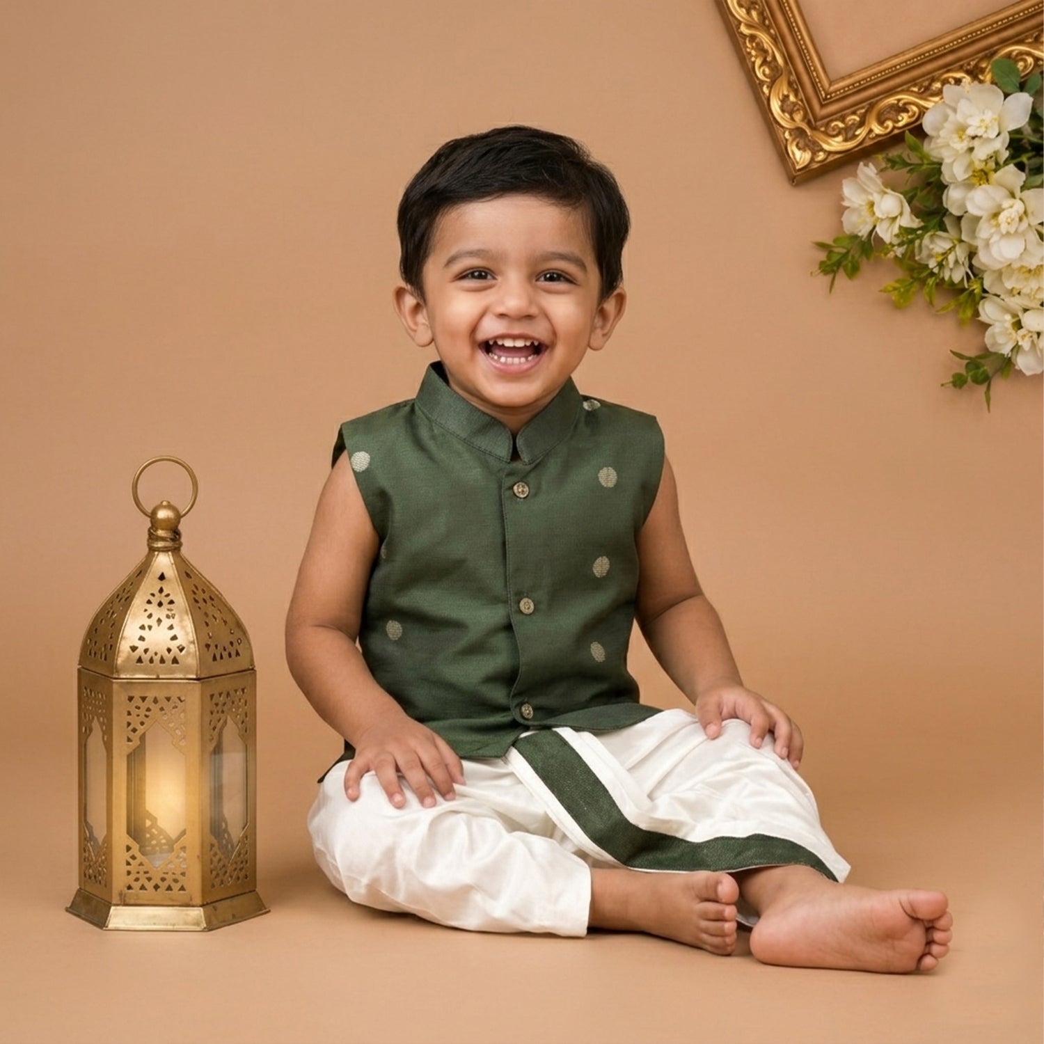 Boys Baby D.Green Silk Panchagajam Set with Butta Print | Mandarin Collar Ethnic Wear
