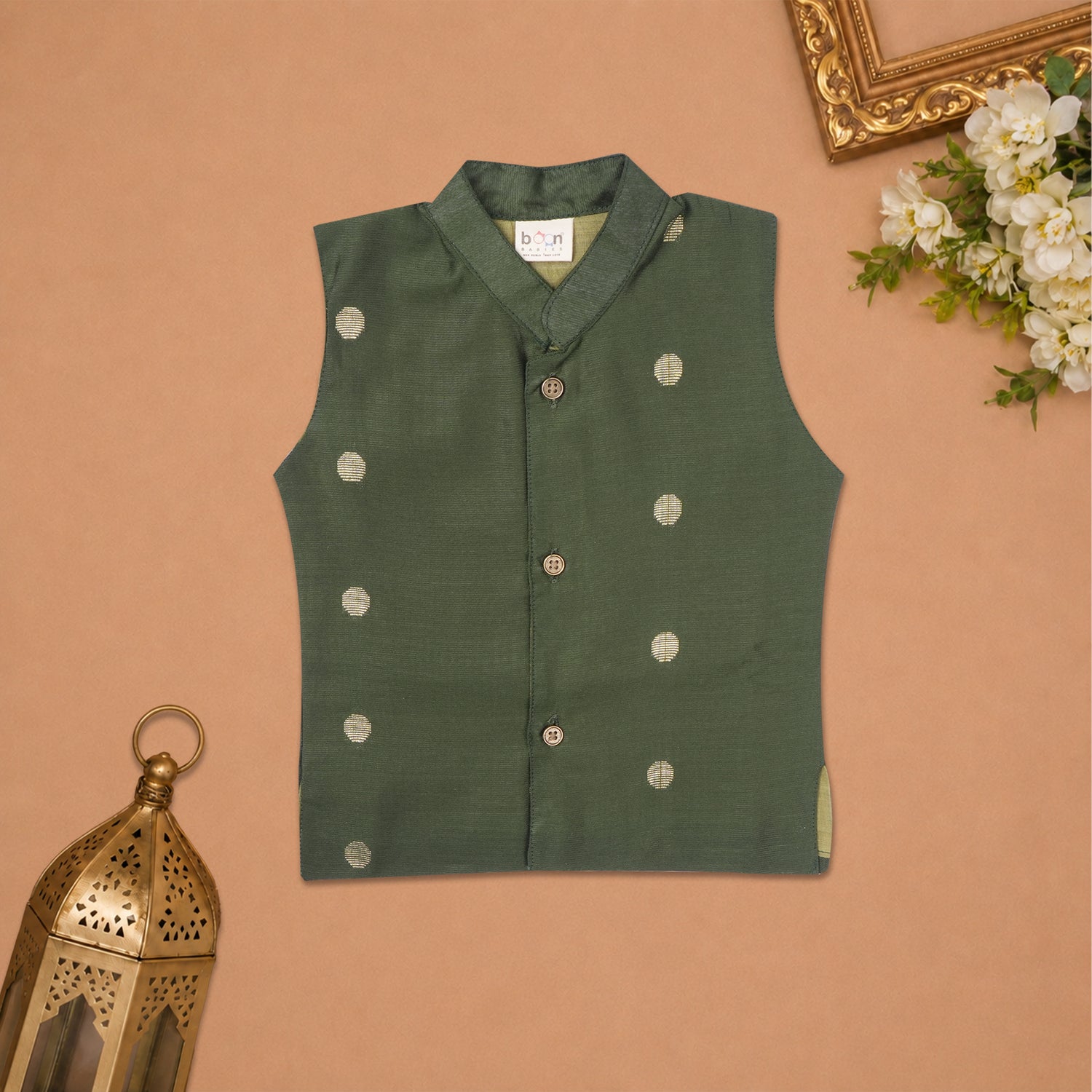 Boys Baby D.Green Silk Panchagajam Set with Butta Print | Mandarin Collar Ethnic Wear