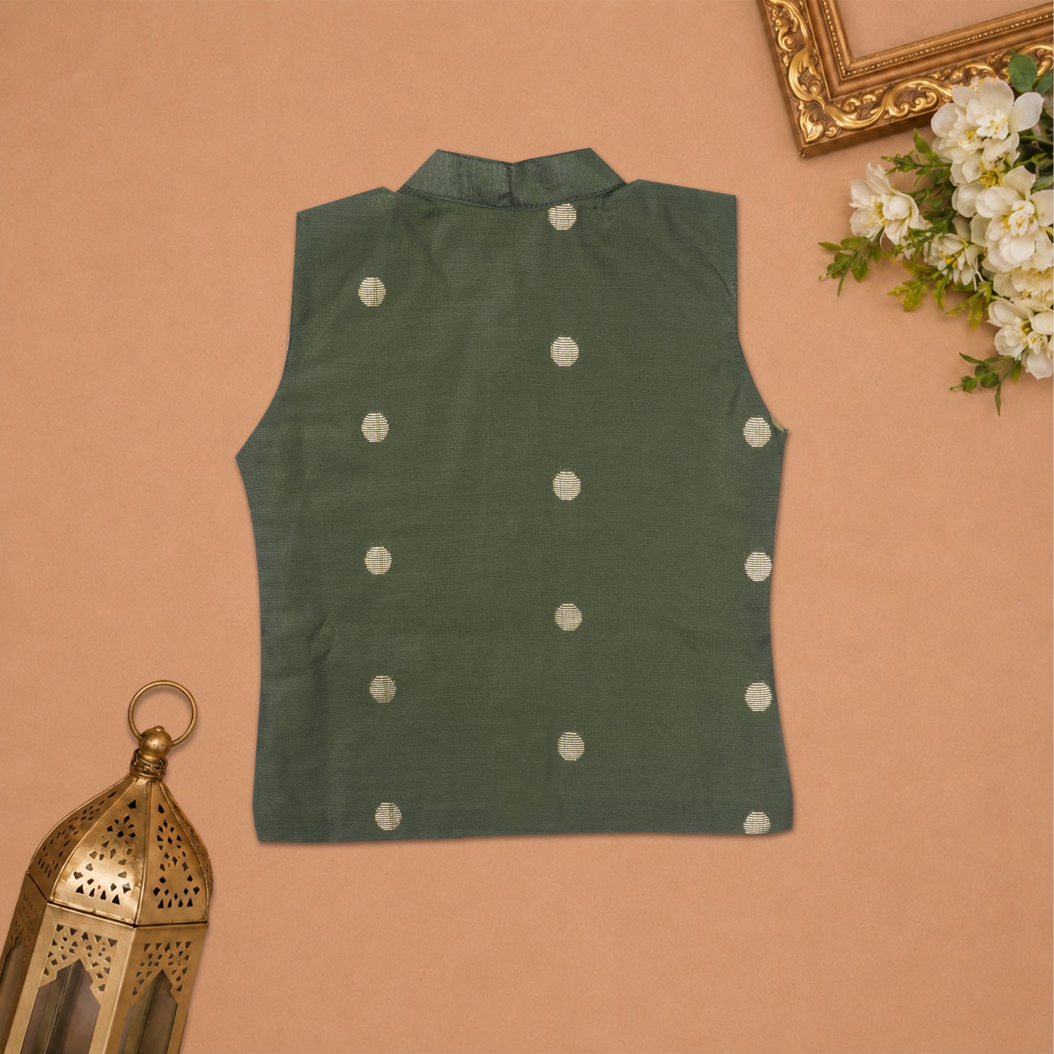 Boys Baby D.Green Silk Panchagajam Set with Butta Print | Mandarin Collar Ethnic Wear