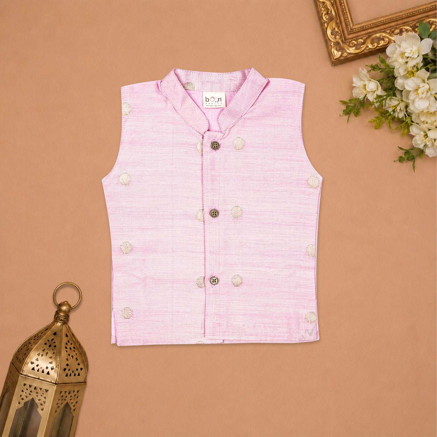 Boys Baby Rani Pink Silk Panchagajam Set with Butta Print | Mandarin Collar Ethnic Wear