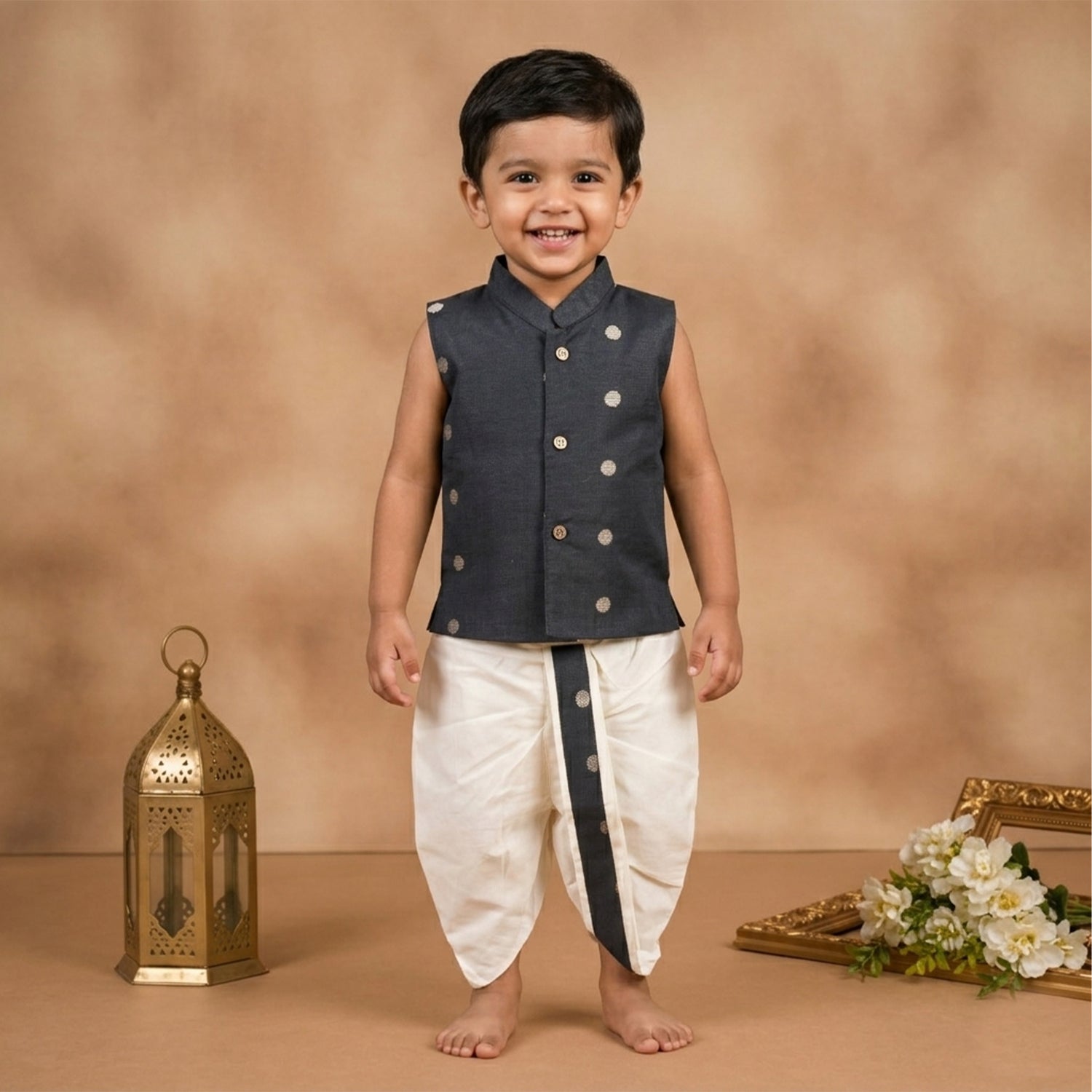Boys Baby Black Silk Panchagajam Set with Butta Print | Mandarin Collar Ethnic Wear