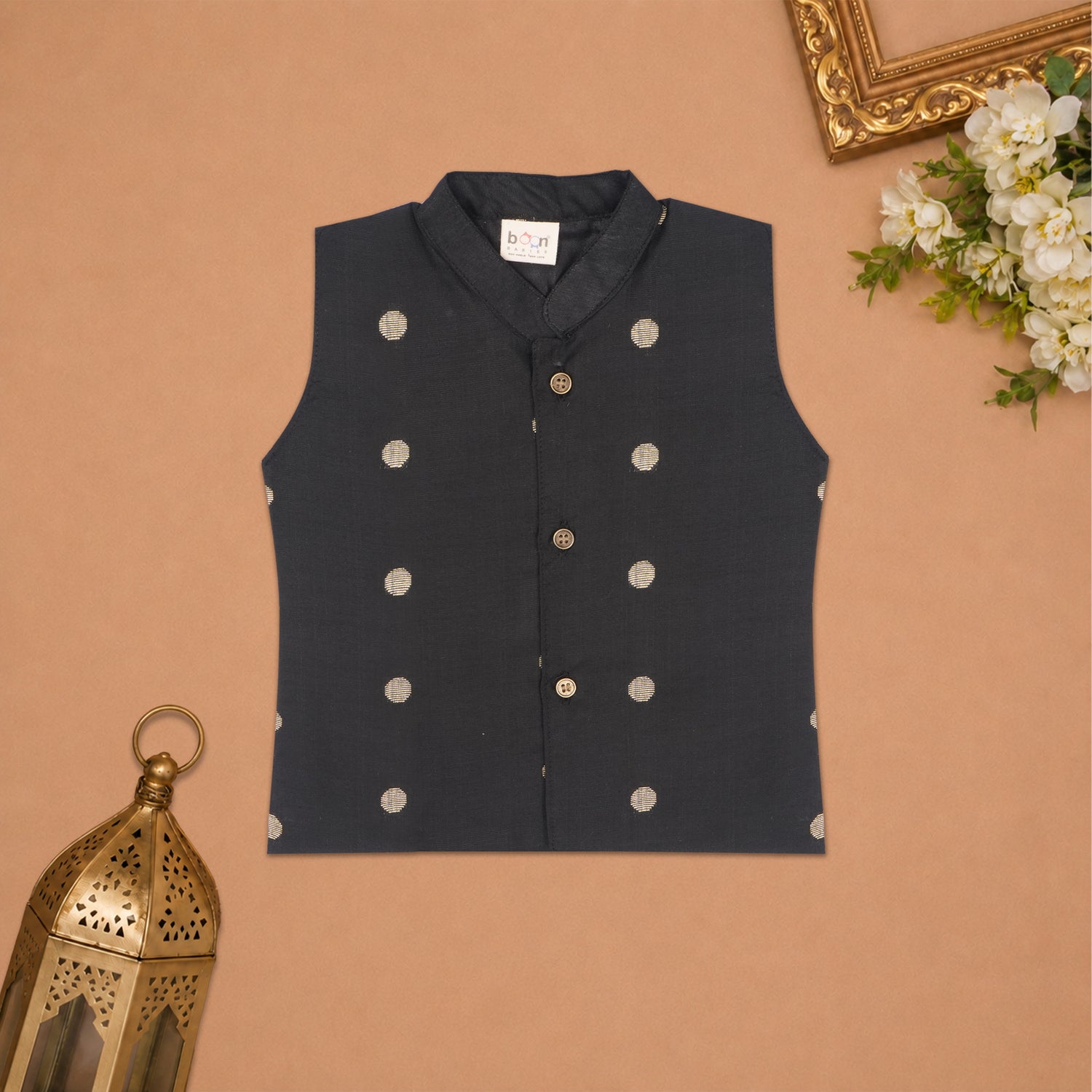 Boys Baby Black Silk Panchagajam Set with Butta Print | Mandarin Collar Ethnic Wear
