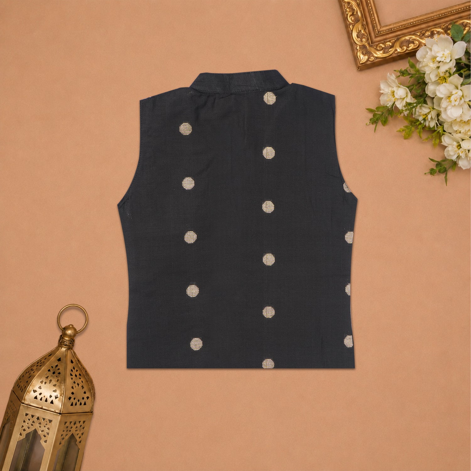 Boys Baby Black Silk Panchagajam Set with Butta Print | Mandarin Collar Ethnic Wear