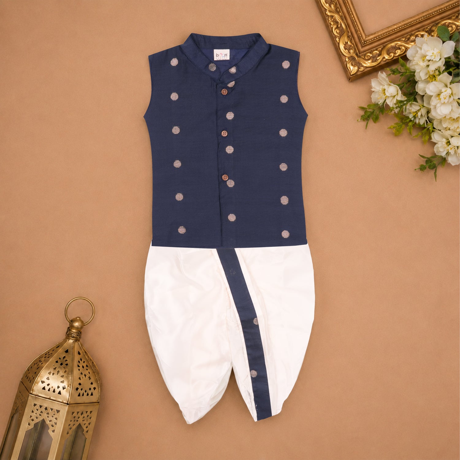 Boys Baby N.Blue Silk Panchagajam Set with Butta Print | Mandarin Collar Ethnic Wear
