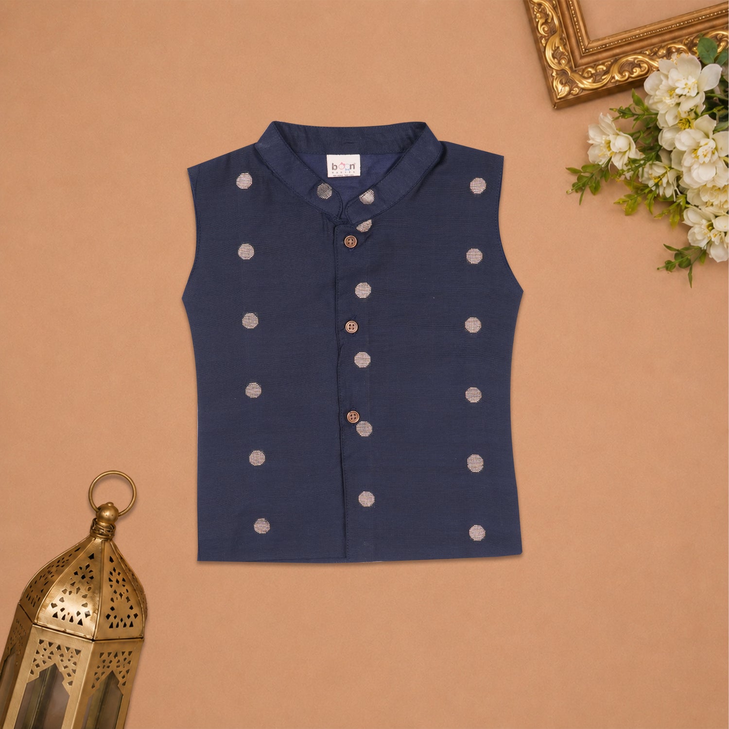 Boys Baby N.Blue Silk Panchagajam Set with Butta Print | Mandarin Collar Ethnic Wear