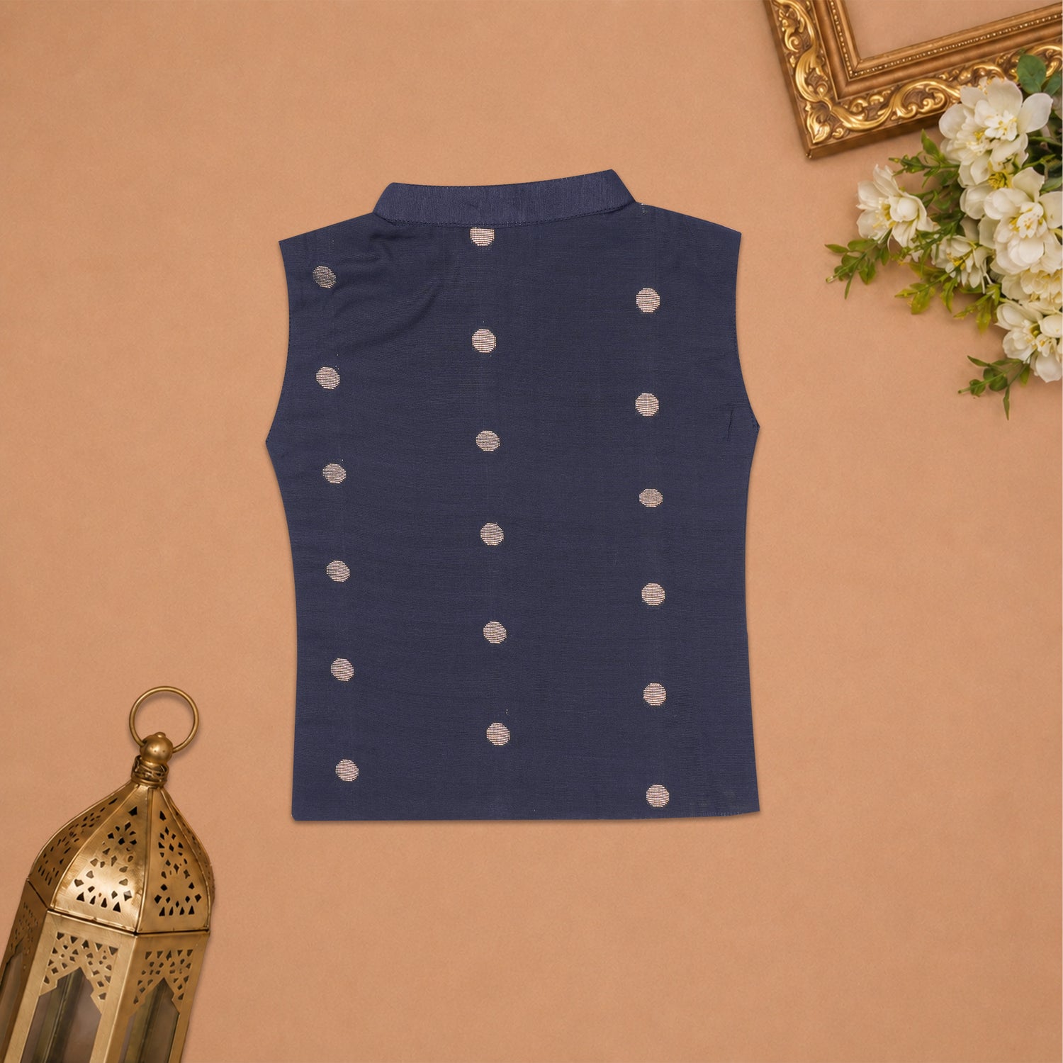 Boys Baby N.Blue Silk Panchagajam Set with Butta Print | Mandarin Collar Ethnic Wear