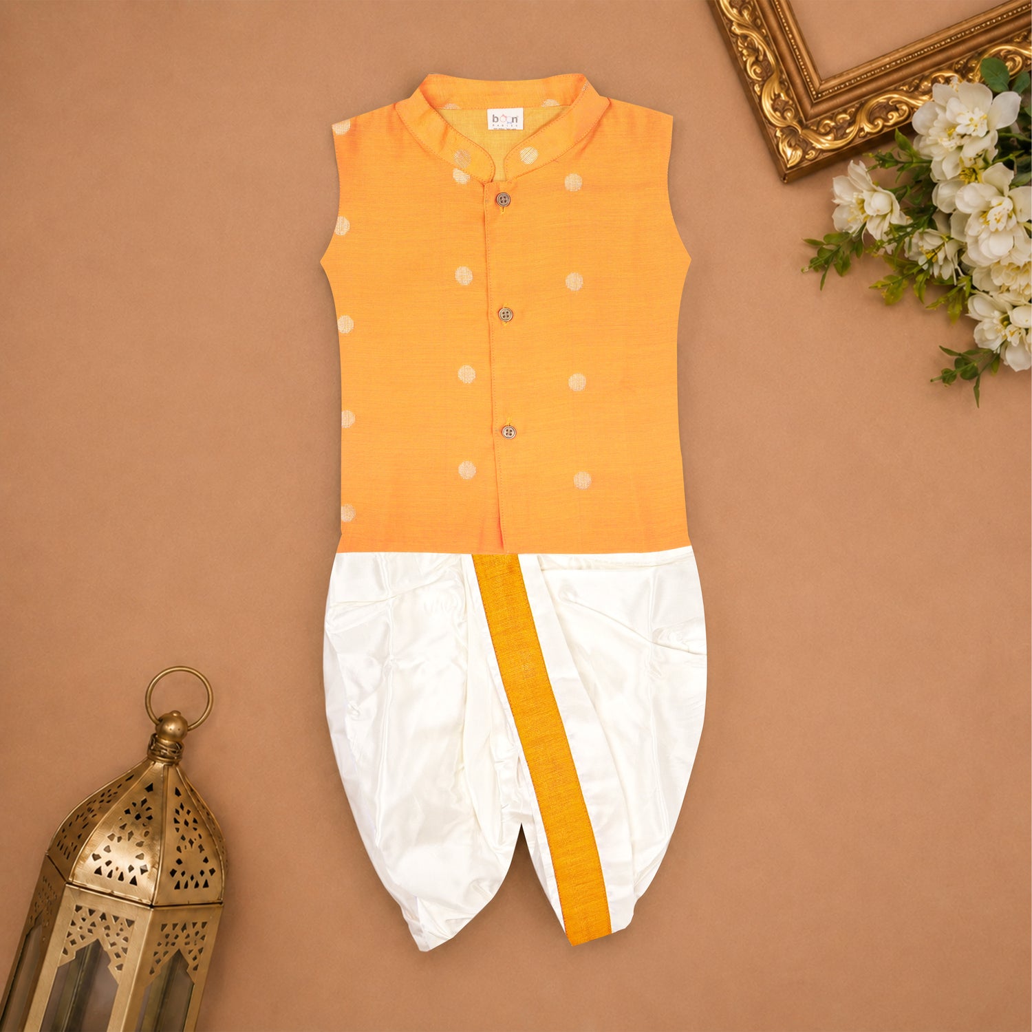 Boys Baby Orange Silk Panchagajam Set with Butta Print | Mandarin Collar Ethnic Wear