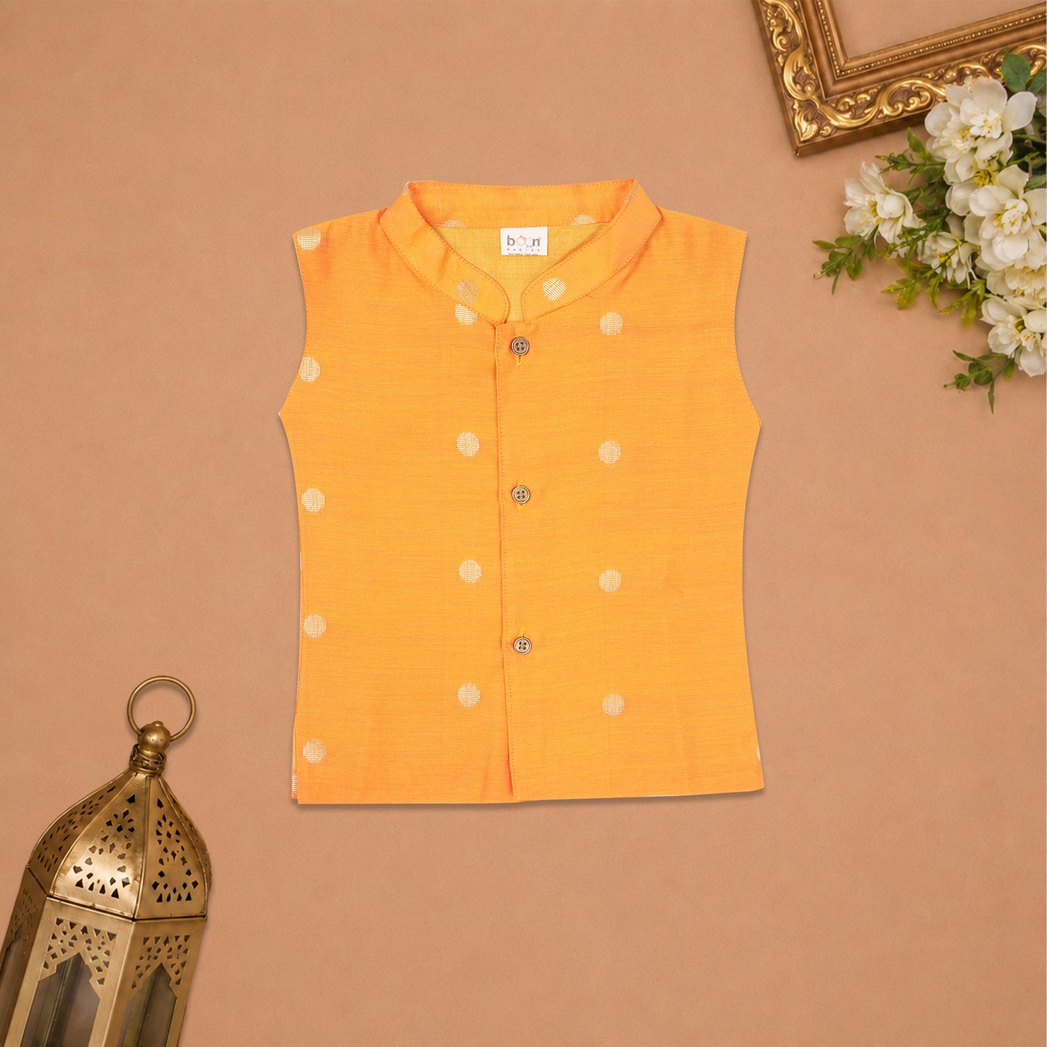 Boys Baby Orange Silk Panchagajam Set with Butta Print | Mandarin Collar Ethnic Wear