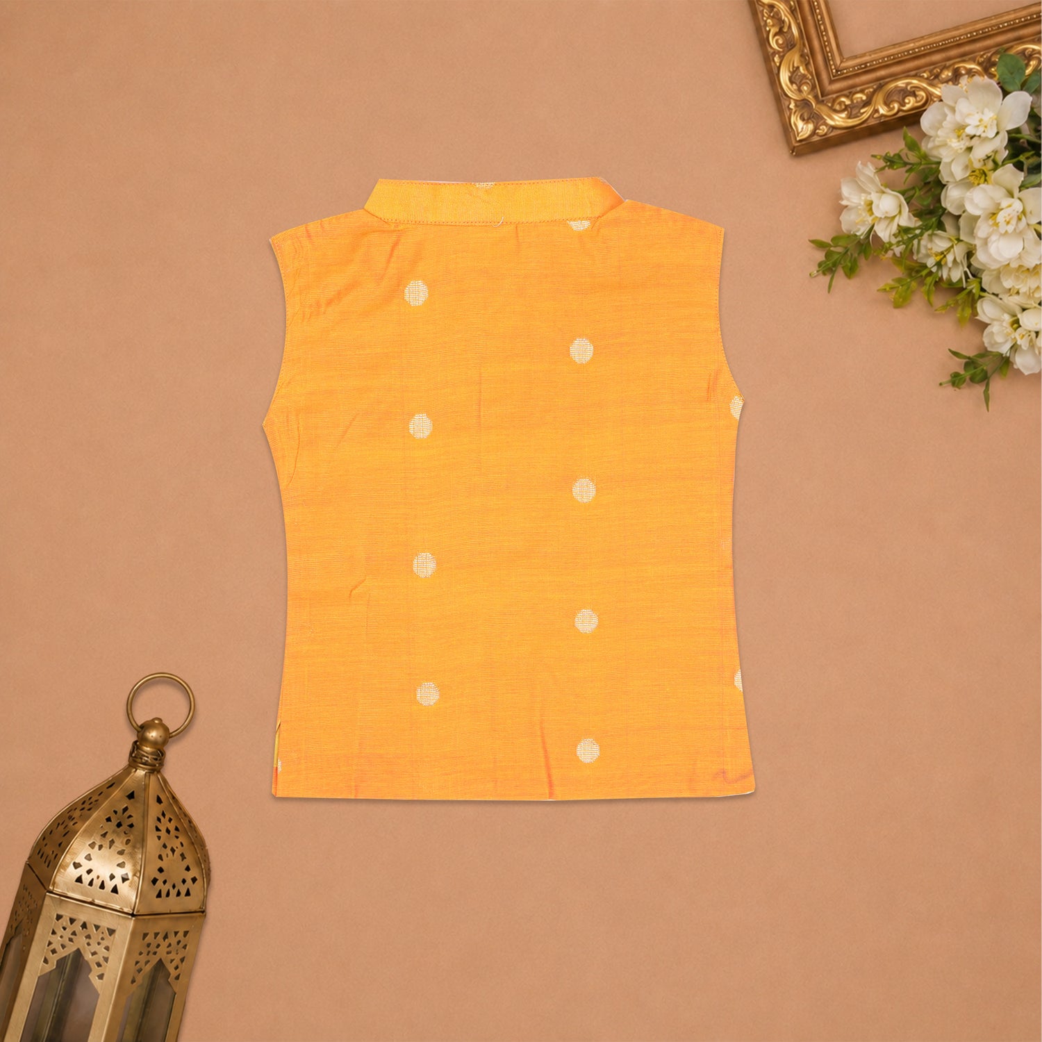 Boys Baby Orange Silk Panchagajam Set with Butta Print | Mandarin Collar Ethnic Wear