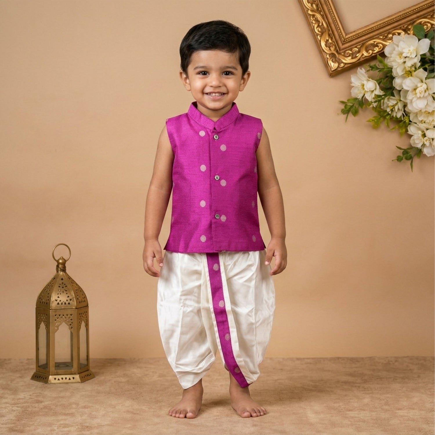 Boys Baby Magenta Pink Silk Panchagajam Set with Butta Print | Mandarin Collar Ethnic Wear