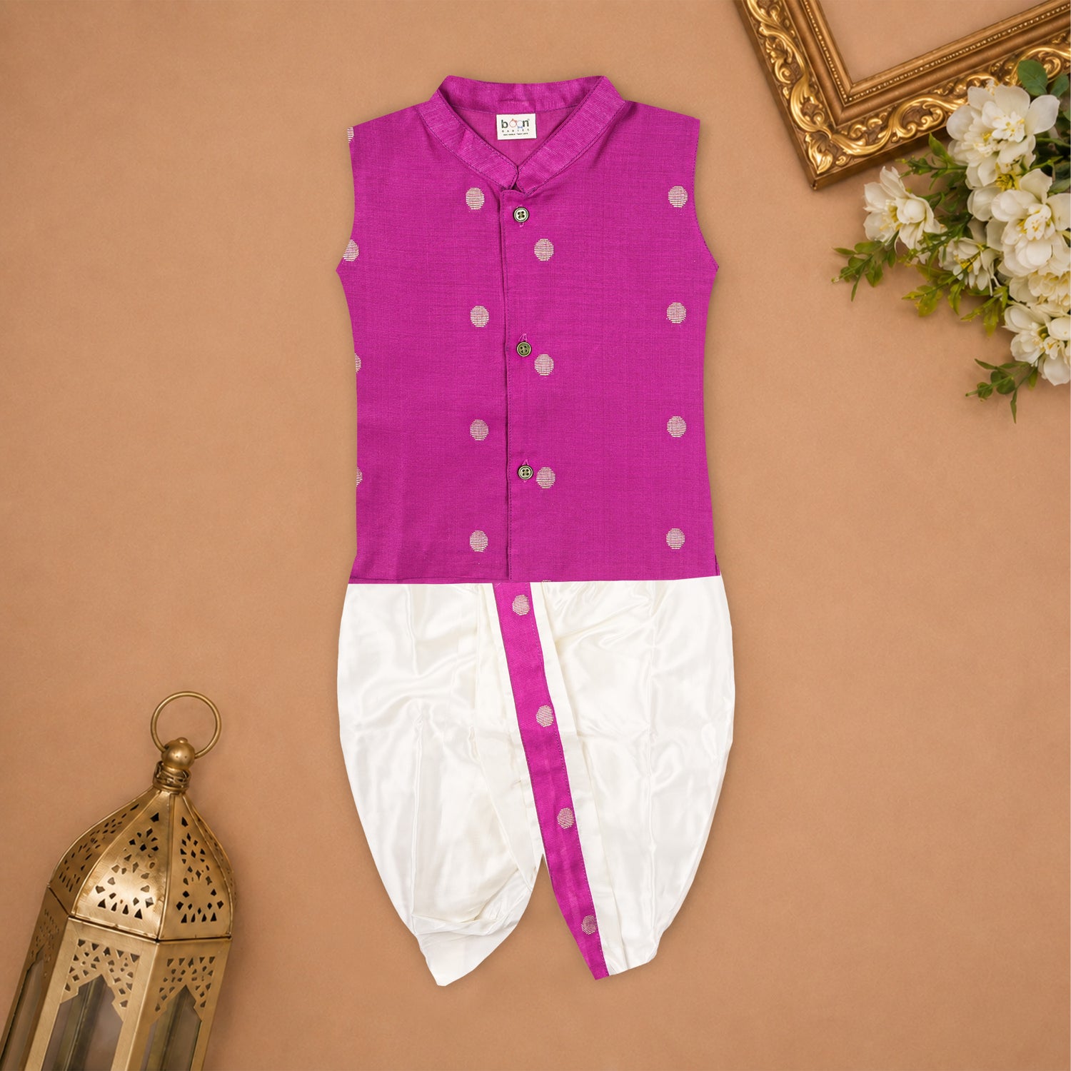 Boys Baby Magenta Pink Silk Panchagajam Set with Butta Print | Mandarin Collar Ethnic Wear