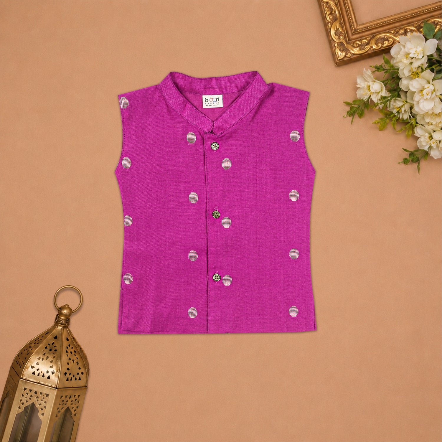 Boys Baby Magenta Pink Silk Panchagajam Set with Butta Print | Mandarin Collar Ethnic Wear