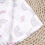 Soft, breathable Boon Babies muslin swaddle blanket with colorful printed design, measuring 100x100 cm for baby wrapping.