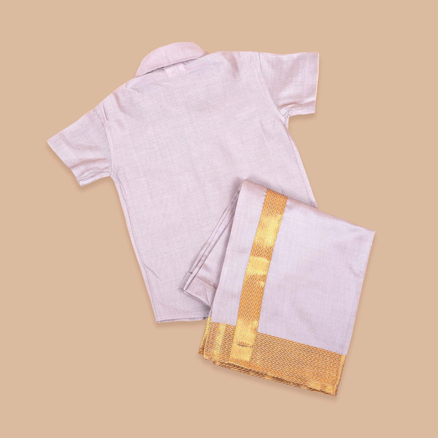 Purple Silk Shirt and Golden Border Pattu Dhoti Set for Baby Boys