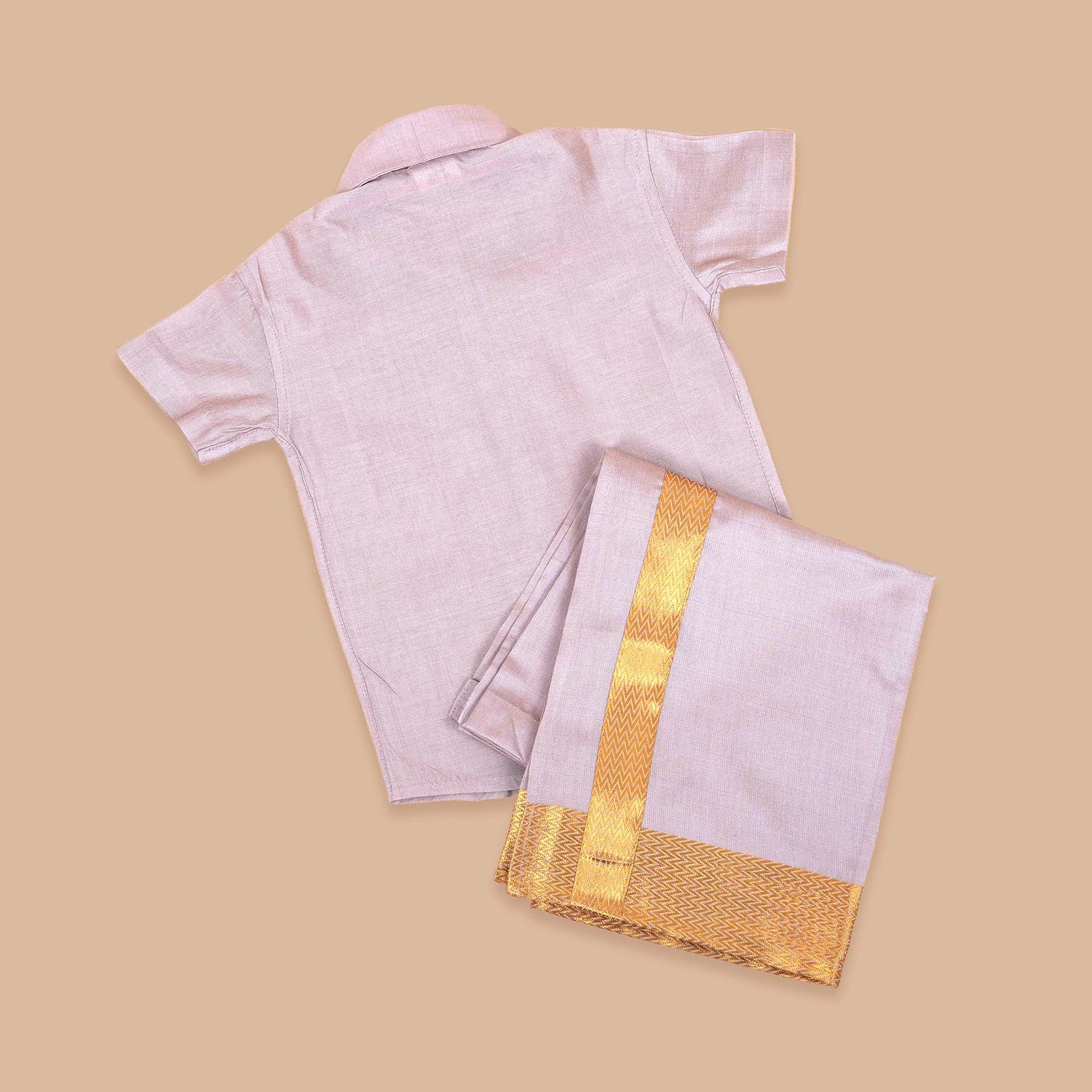 Purple Silk Shirt and Golden Border Pattu Dhoti Set for Baby Boys