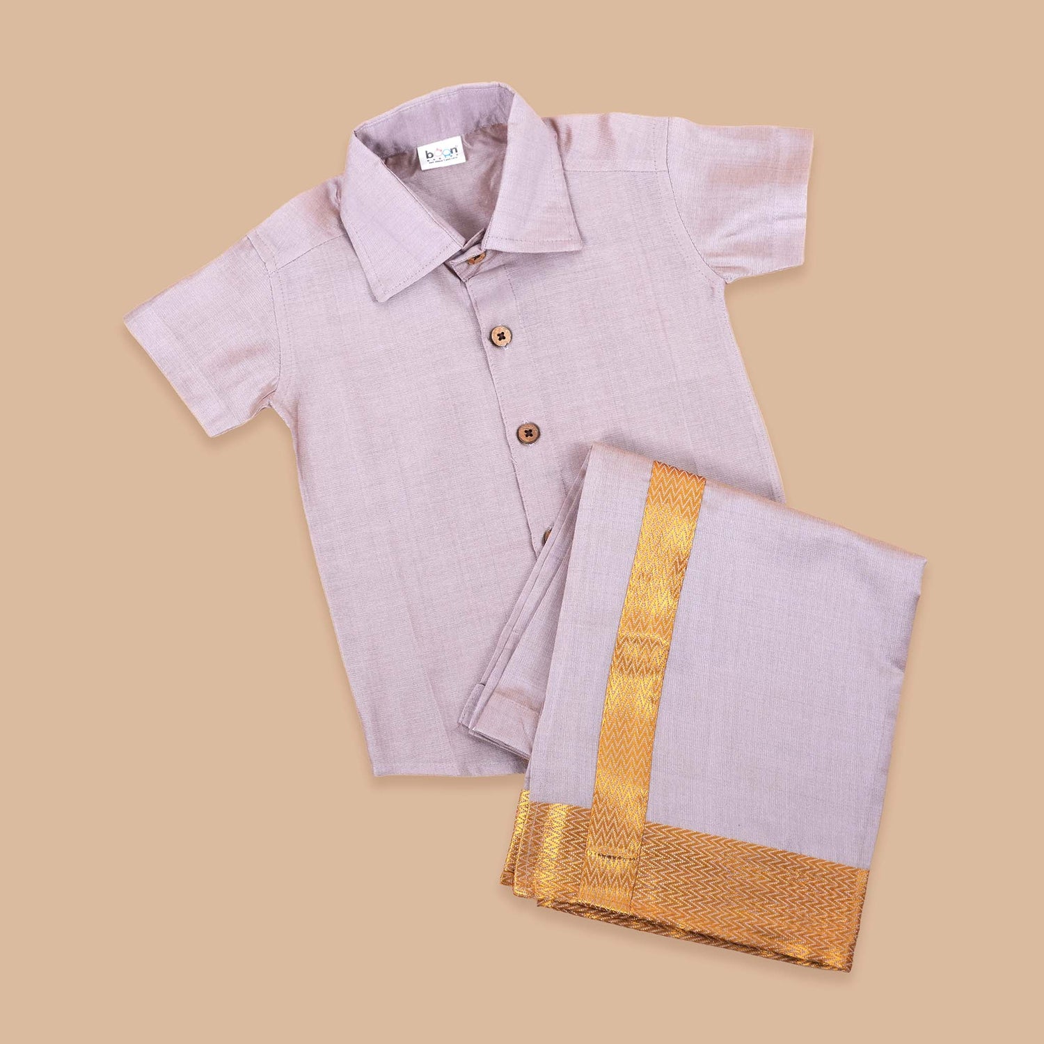 Purple Silk Shirt and Golden Border Pattu Dhoti Set for Baby Boys